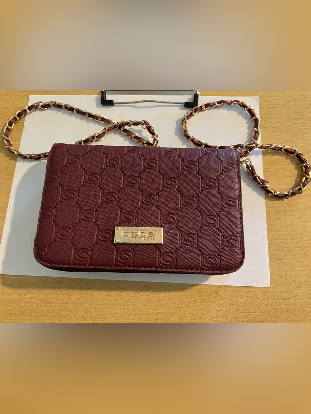 bebe Quilted Crossbody Bag in Burgundy with Gold Chain
